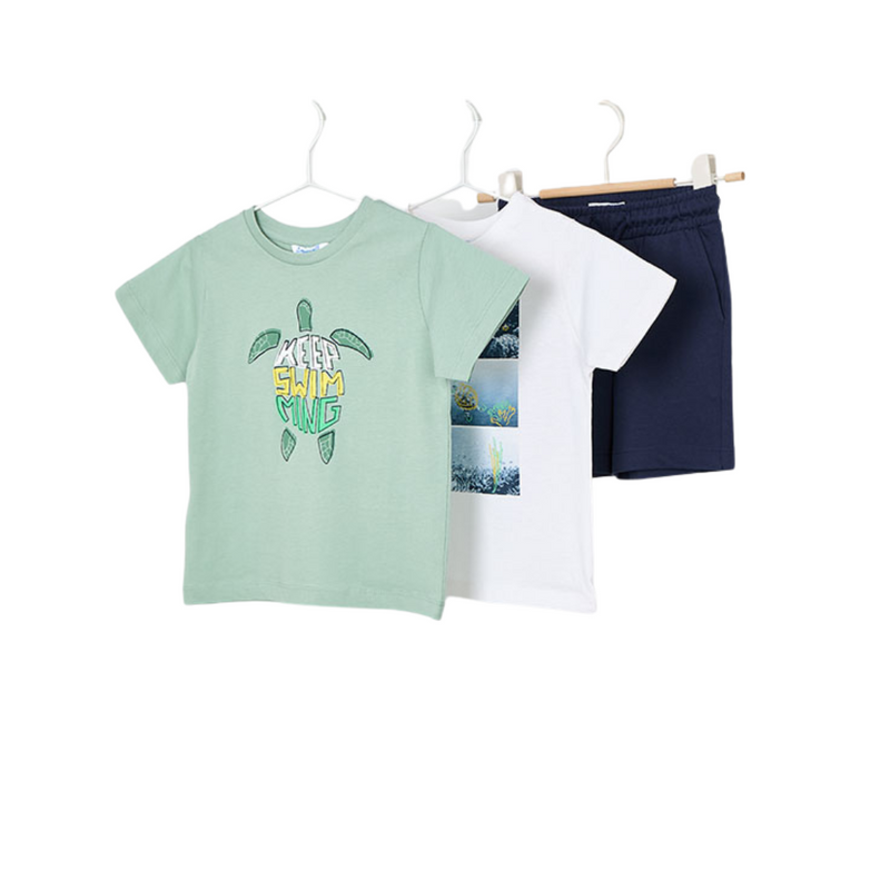 SS25 Mayoral Green White & Navy 'Keep Swimming' Turtle Three Piece Shorts Set