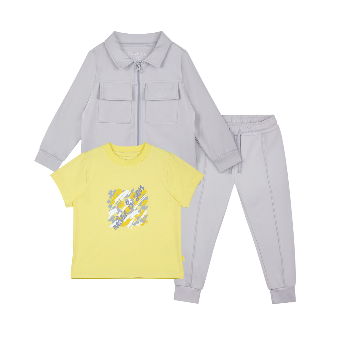 SS25 Mitch & Son GRANT & GIOVANI Grey Yellow & White Doodle Three Piece Overshirt Tracksuit Set