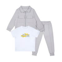 SS25 Mitch & Son GRANT & GLENN Grey White & Yellow Doodle Three Piece Overshirt Tracksuit Set