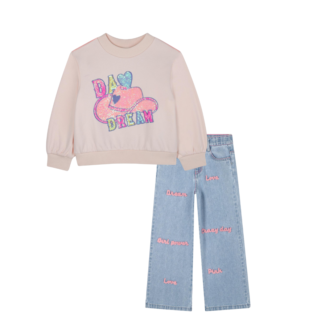 AW25 Billieblush Pink & Blue Cowboy Hat Sweatshirt & Denim Jeans Set