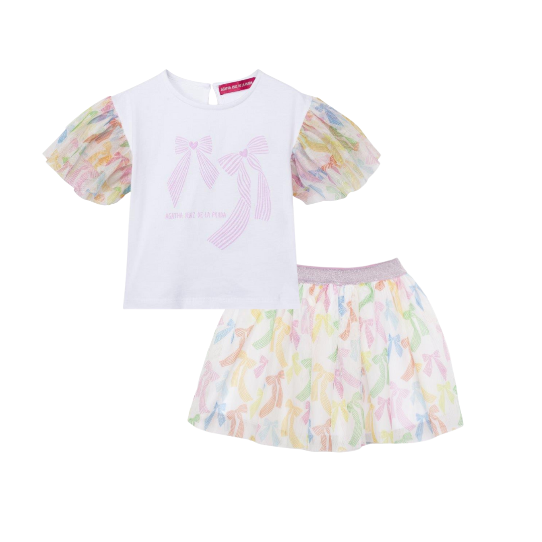 SS26 Agatha Ruiz De La Prada JNR White Multicoloured Bows Skirt Set