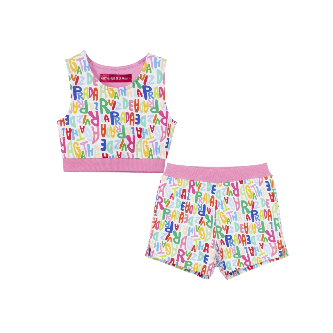 SS26 Agatha Ruiz De La Prada JNR Pink & White Multicoloured Crop Logo Shorts Set