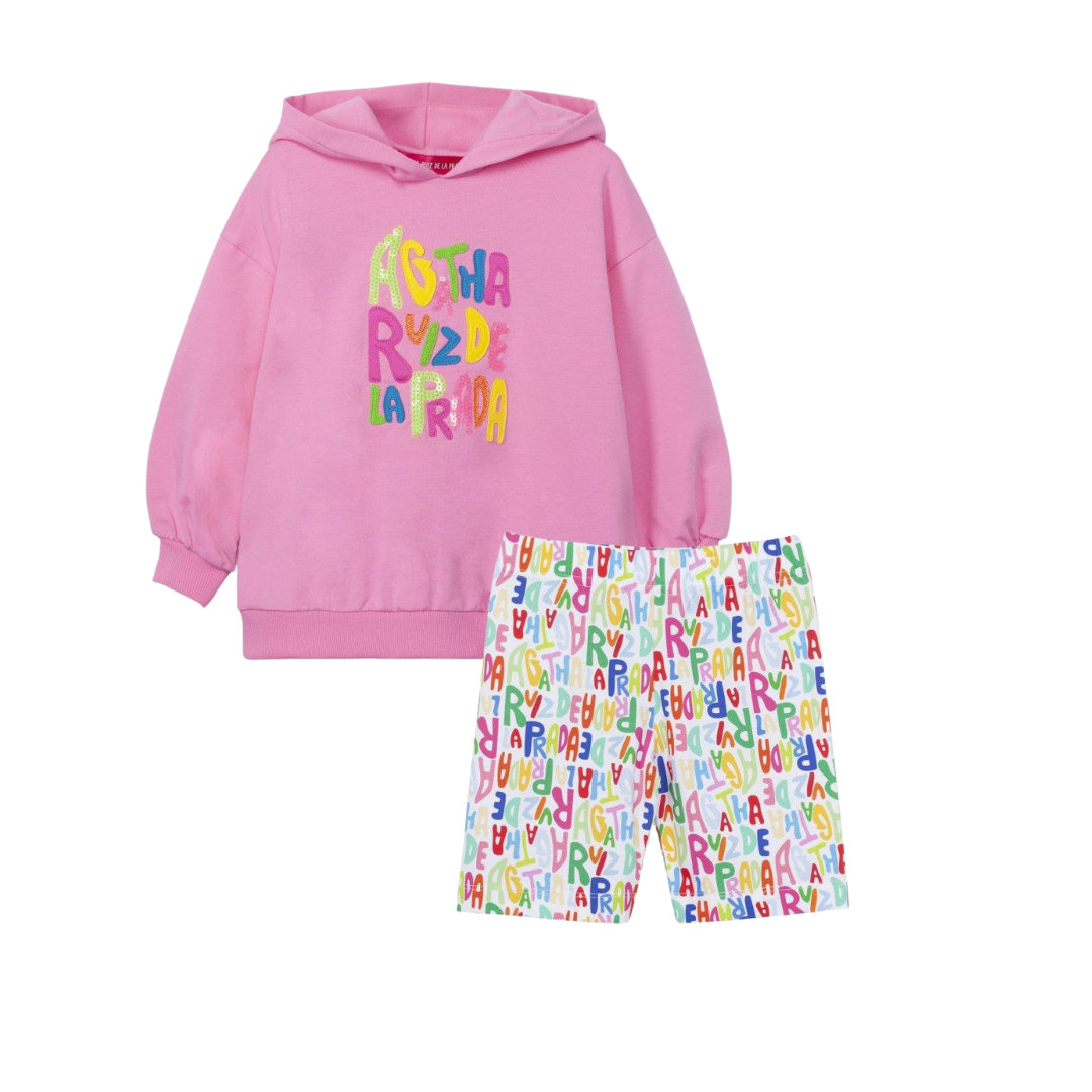 SS26 Agatha Ruiz De La Prada JNR Pink & White Multicoloured Logo Hoody Shorts Set