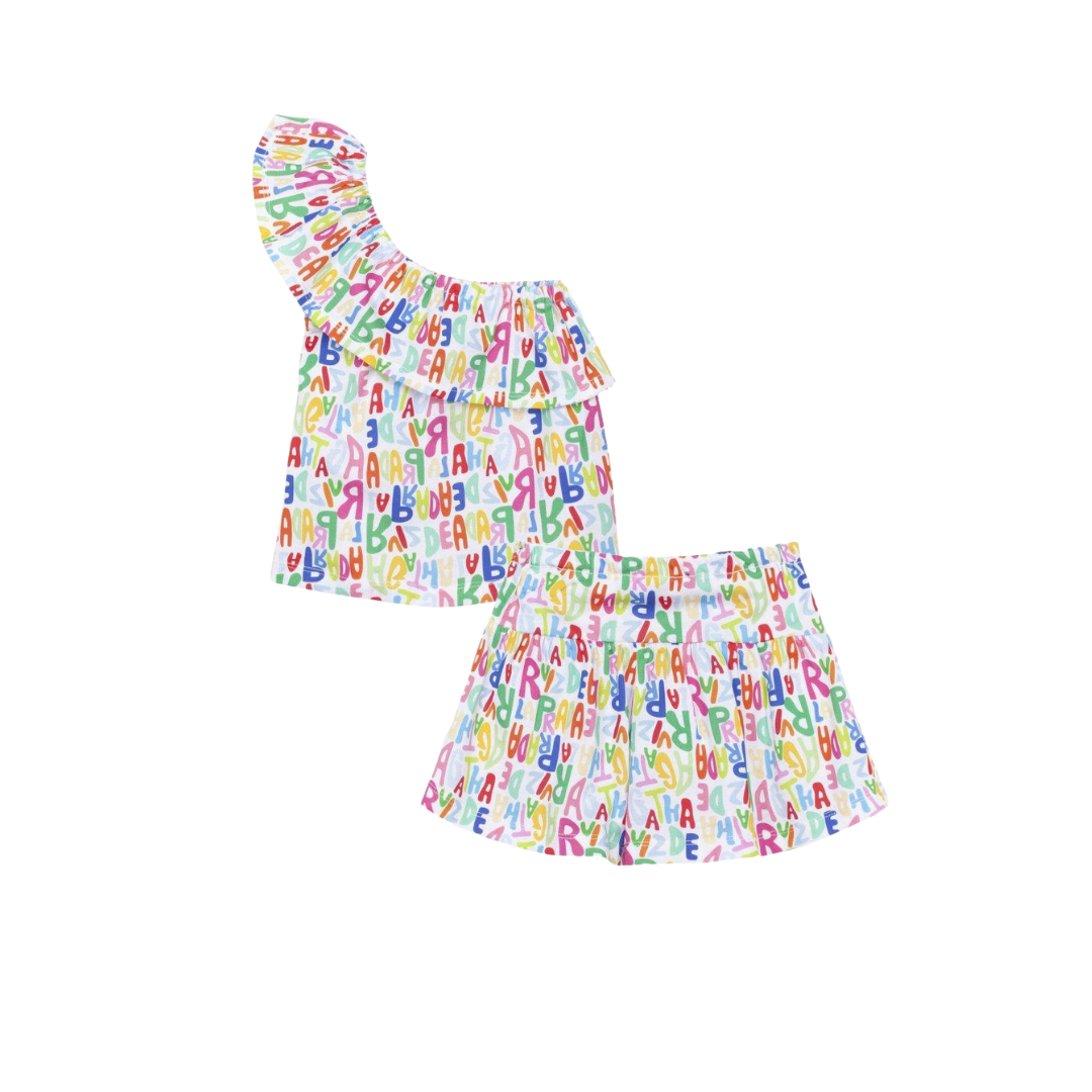 SS26 Agatha Ruiz De La Prada JNR Pink & White Multicoloured Asymmetric Logo Shorts Set