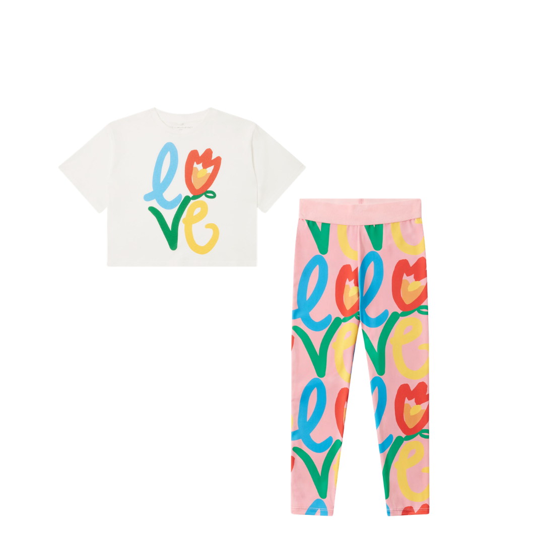 SS26 Stella McCartney Pink & Ivory 'Love' Flower Frill Leggings Set