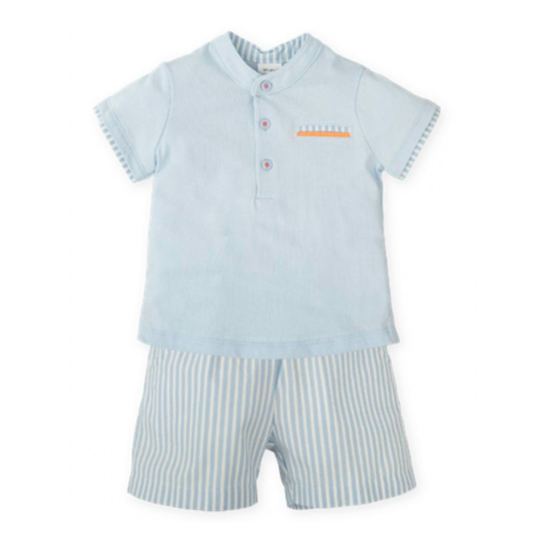 SS26 Tutto Piccolo Blue Orange & White Striped Polo Shorts Set