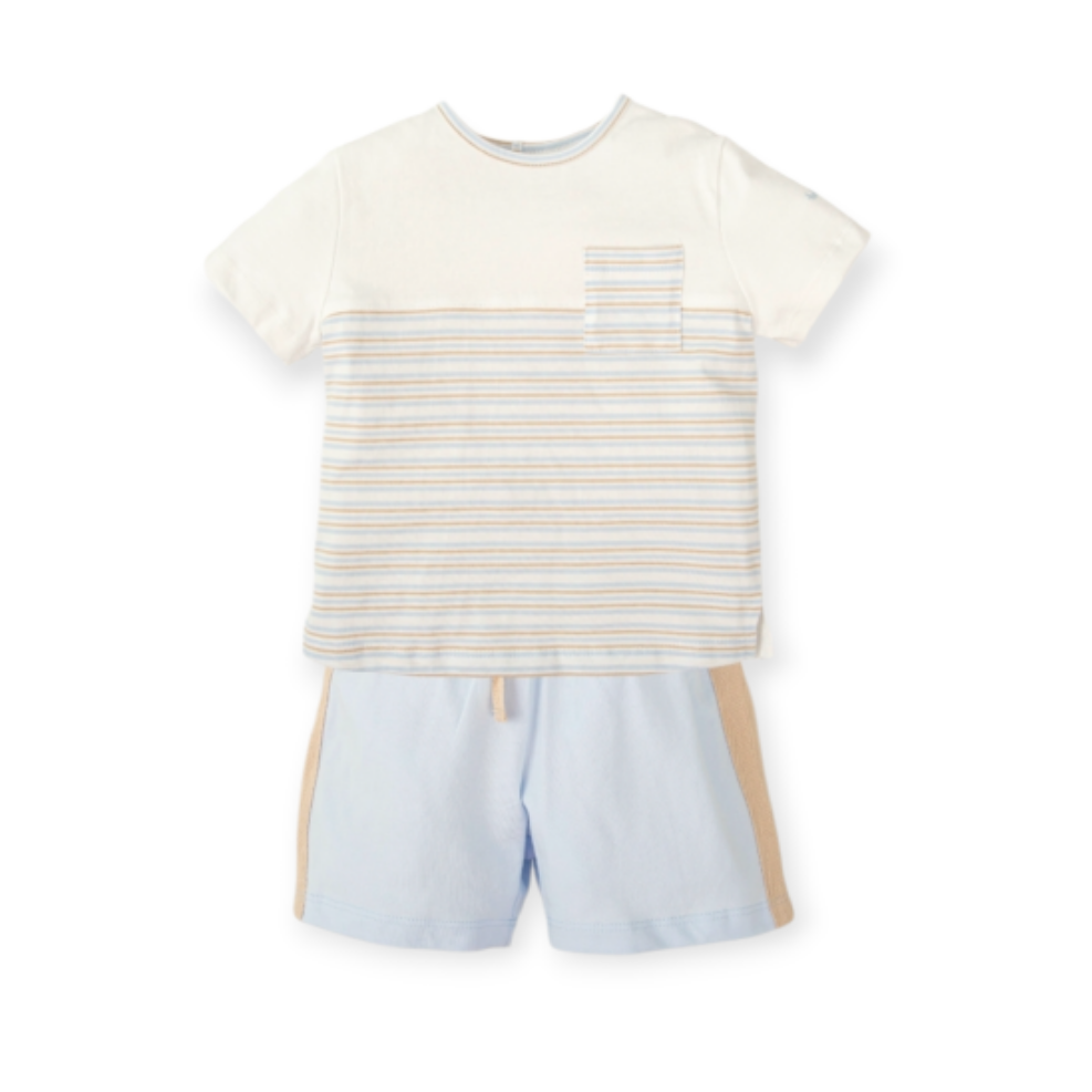 SS26 Tutto Piccolo Blue Beige & White Striped Pocket Shorts Set