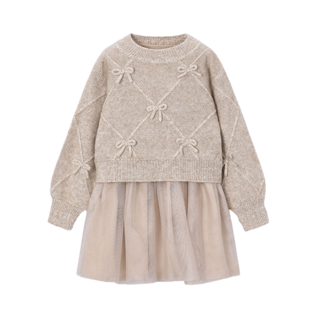 Mayoral Girls Beige Knitted Bows Dress