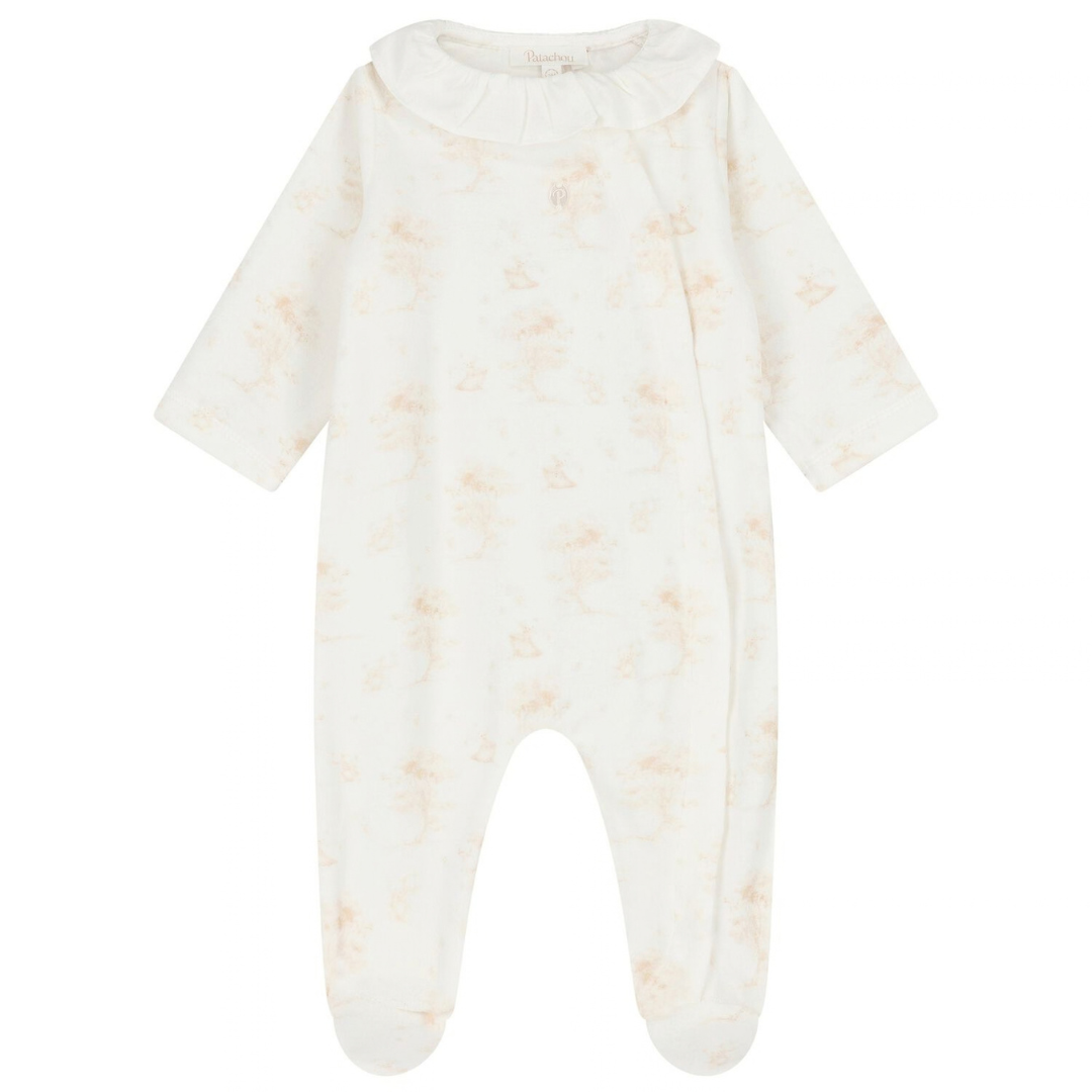 Patachou Unisex Beige Velour Bear Printed Babygrow