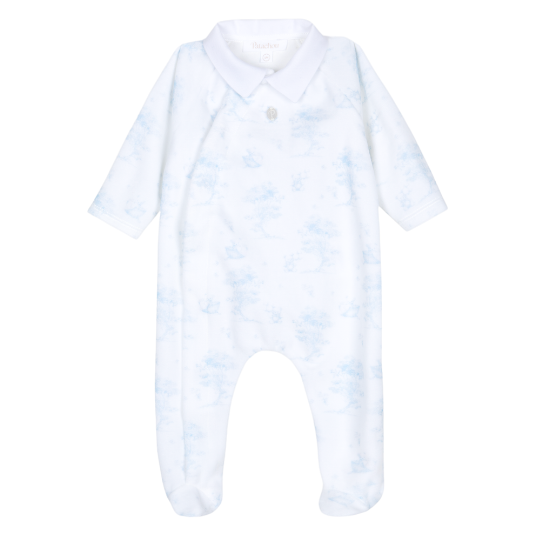Patachou Boys Blue Velour Bear Printed Babygrow