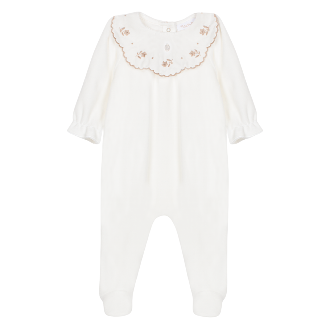 Patachou Girls Ecru Velour Floral Embroidered Babygrow
