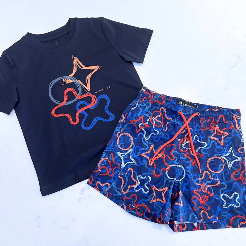 SS25 Moda Bandidos Blue Red & Orange Symbols T-Shirt & Swim Shorts Set
