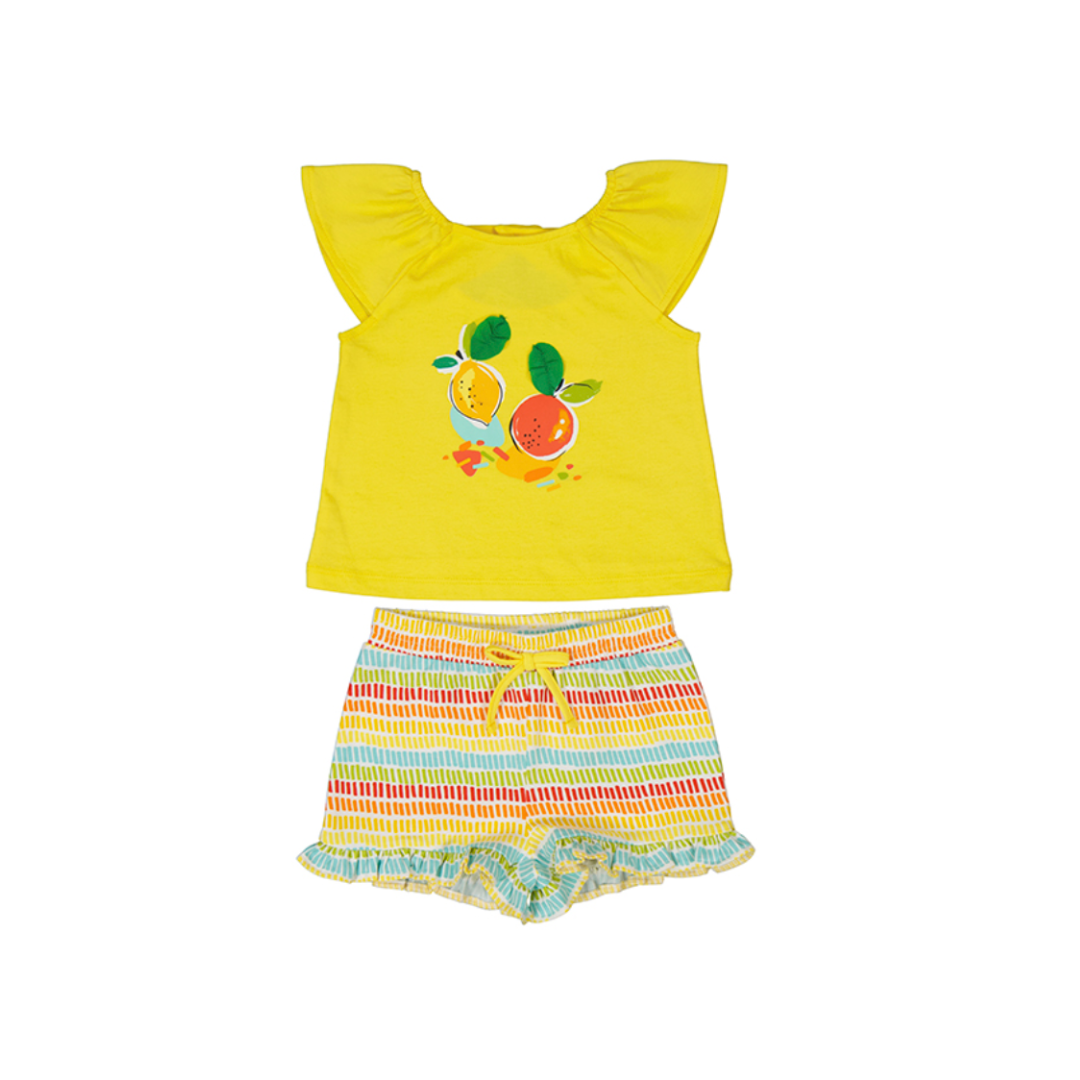 SS25 Mayoral Yellow Multicoloured Fruit Frill Shorts Set