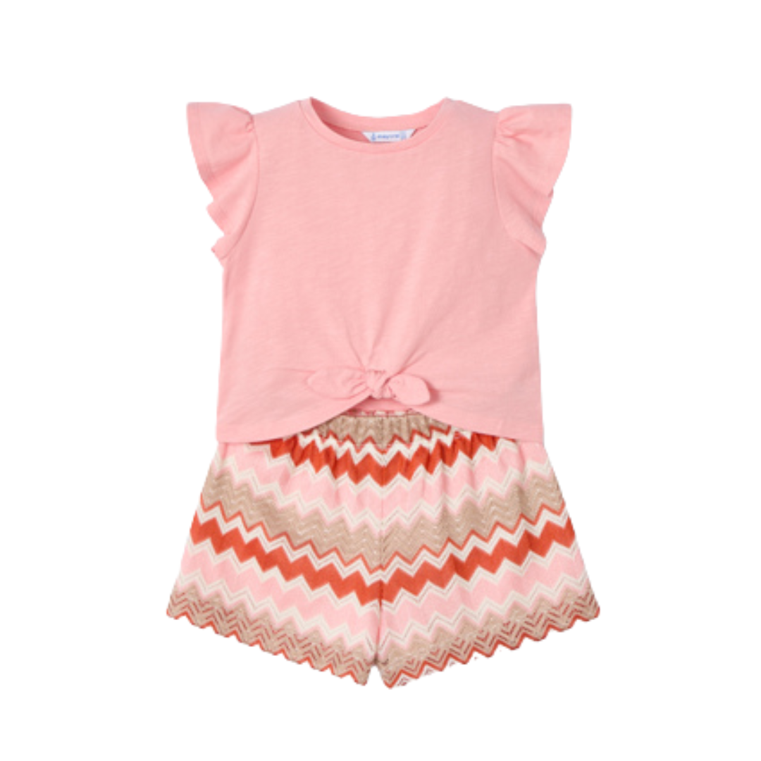 SS25 Mayoral Pink Multicoloured Chevron Bow Frill Shorts Set