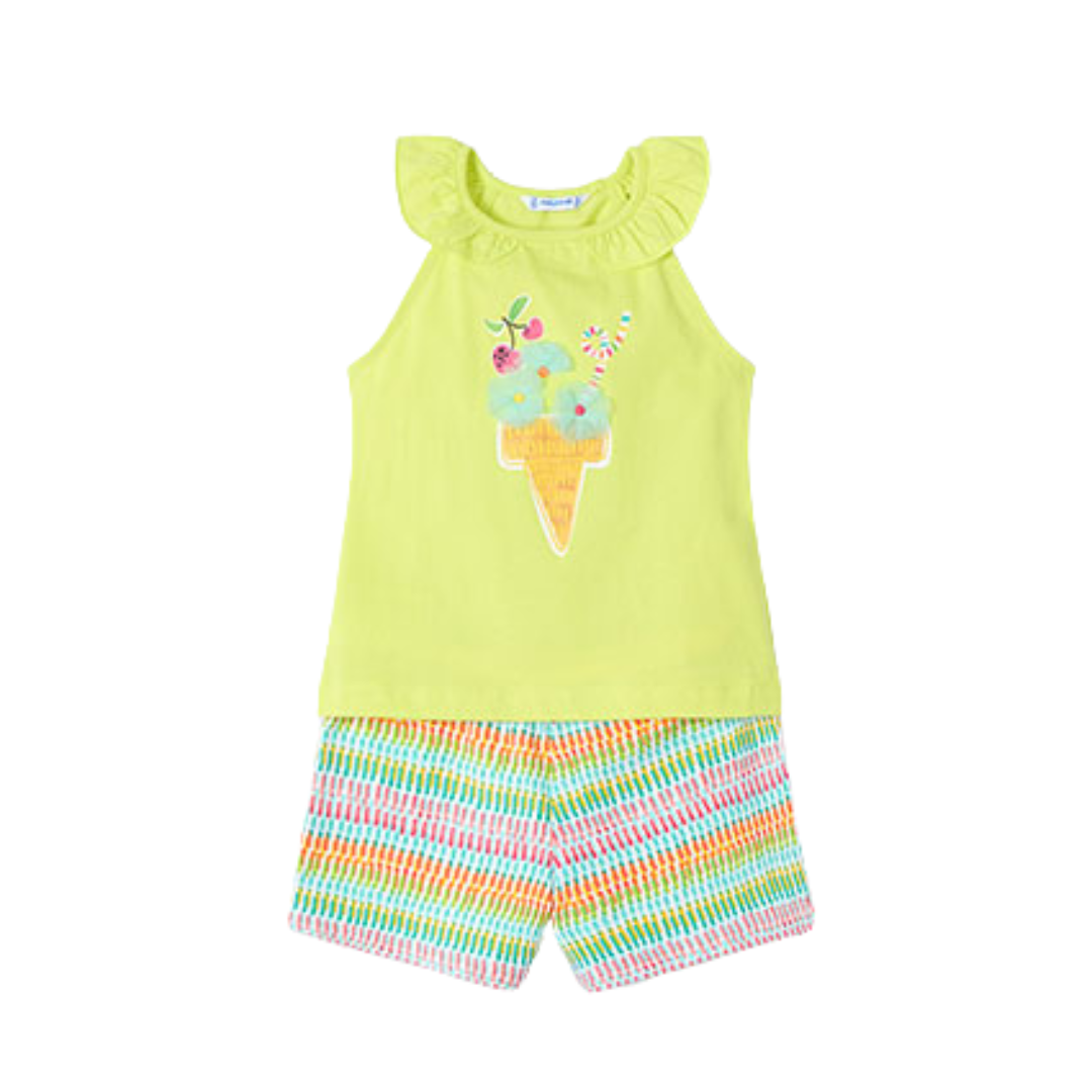 SS25 Mayoral Green Multicoloured Ice Cream Frill Shorts Set
