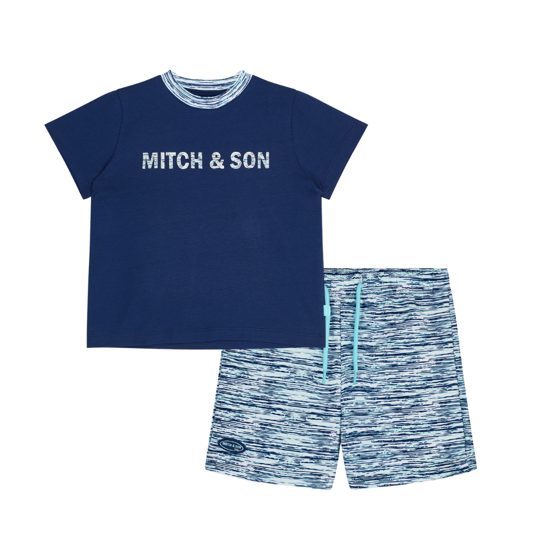 SS25 Mitch & Son Junior HAROLD & HUGO Navy Blue & White Space Dye Logo T-Shirt & Swim Shorts Set