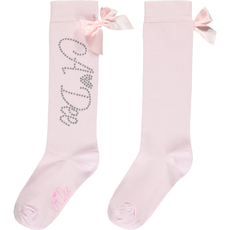AW23 ADee ANNABELLA Pale Pink Diamante Logo Bow Knee High Socks