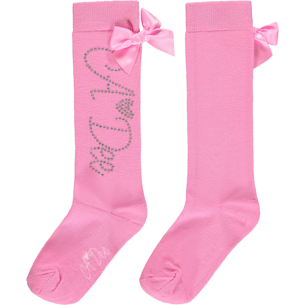 AW23 ADee ANNABELLA Dark Pink Diamante Logo Bow Knee High Socks