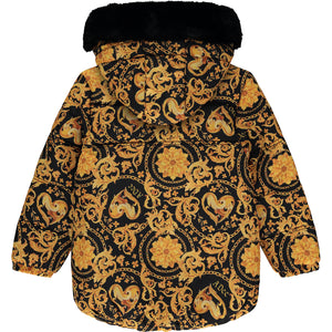 AW23 ADee BOBBIE Black & Gold Faux Fur Hooded Baroque Print Jacket / Coat