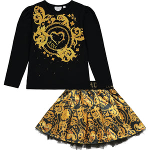 AW23 ADee BILLIE Black & Gold Baroque Print Heart Skirt Set