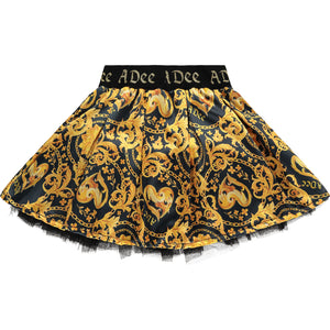 AW23 ADee BILLIE Black & Gold Baroque Print Heart Skirt Set