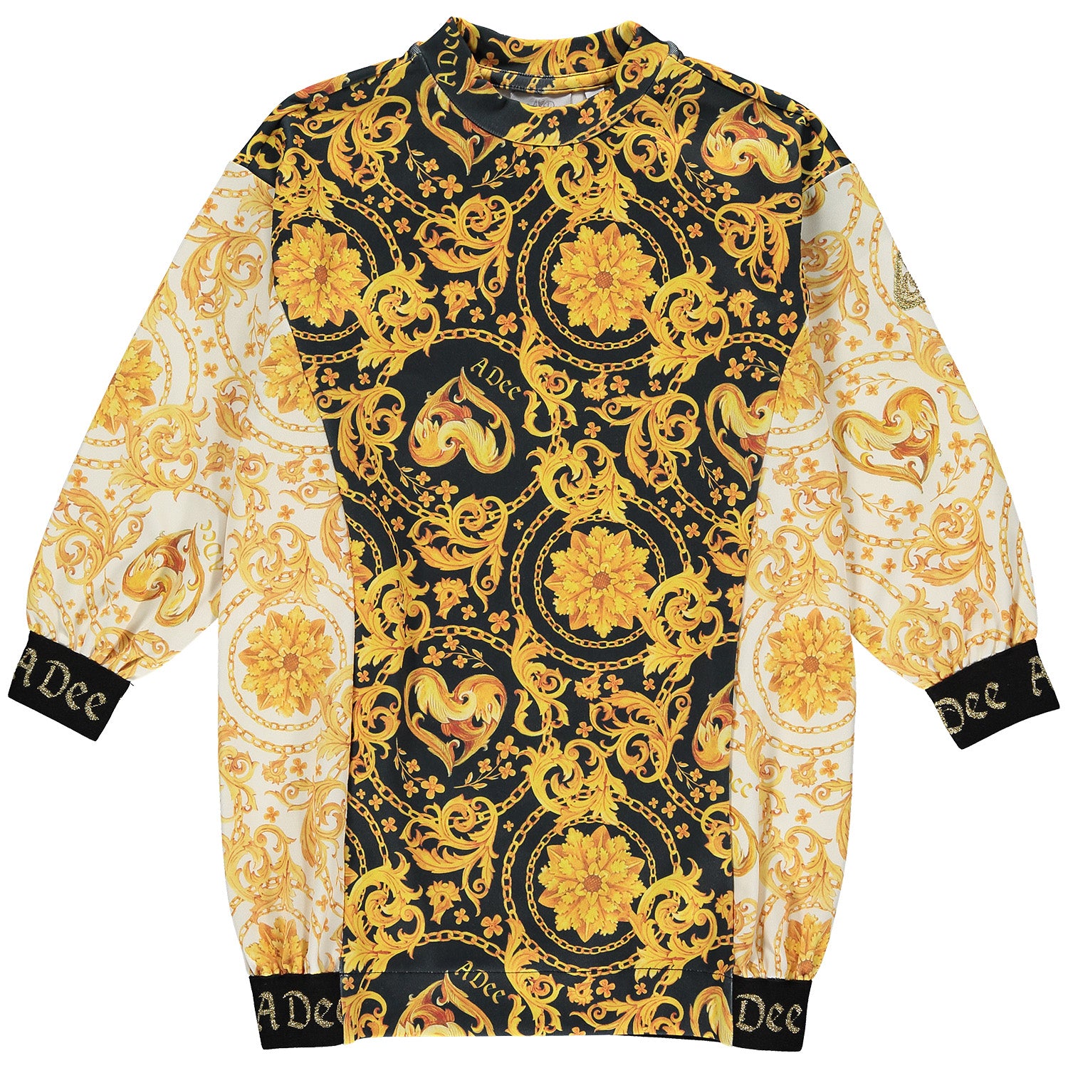 AW23 ADee BLAIR Black Gold White Baroque Print Sweater Dress