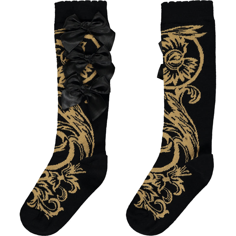 AW23 ADee BIANCA Black & Gold Baroque Print Bow Knee High Socks