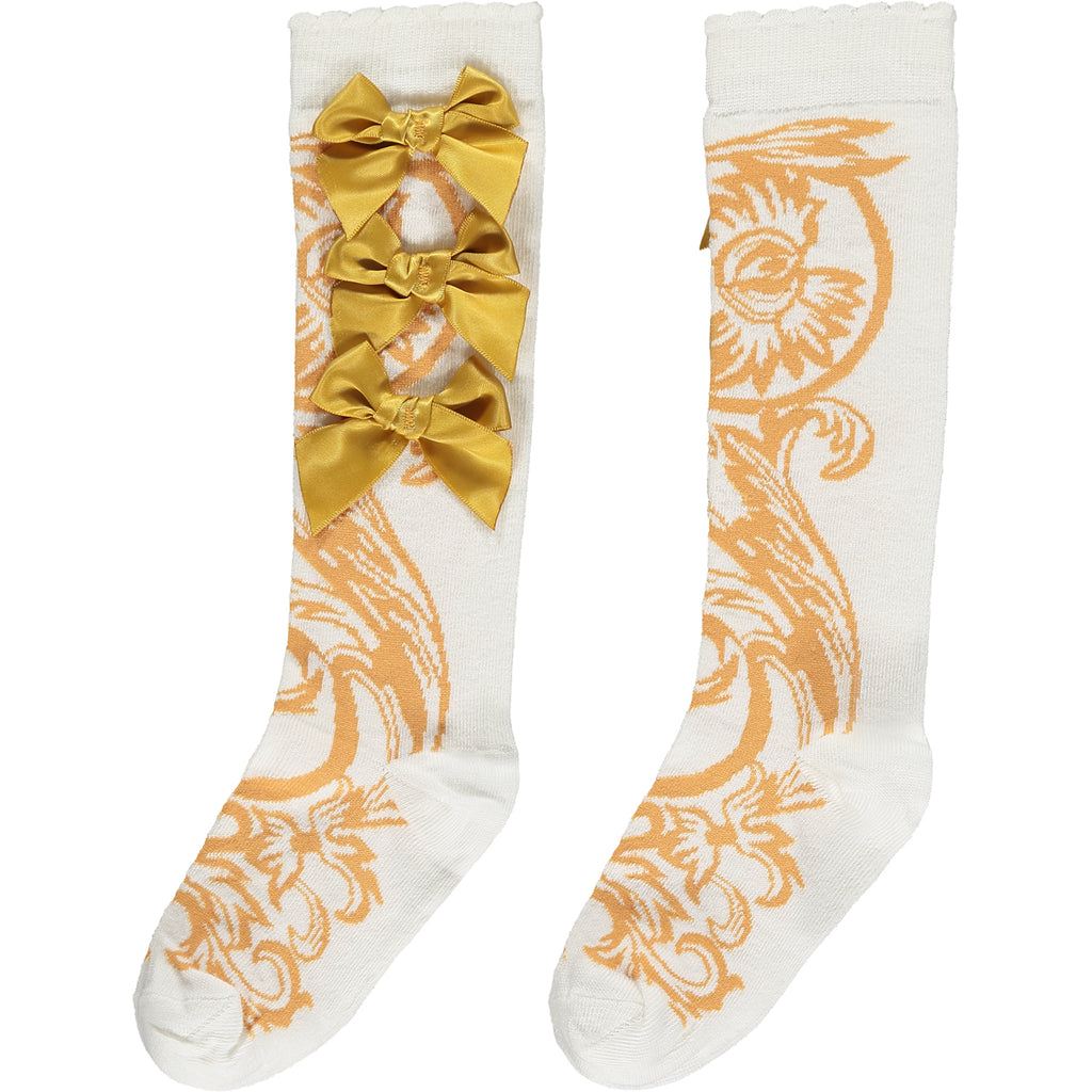 AW23 ADee BIANCA White & Gold Baroque Print Bow Knee High Socks