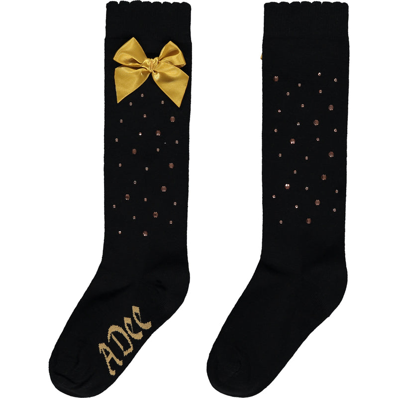 AW23 ADee BETH Black & Gold Diamante Bow Knee High Socks