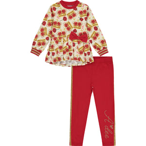 AW23 ADee CANDY Red White & Gold Crown Print Bow Frill Jumper & Leggings Set