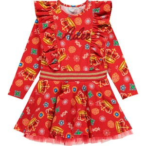 AW23 ADee COURTNEY Red White & Gold Crown Jewels Print Jersey Frill Dress