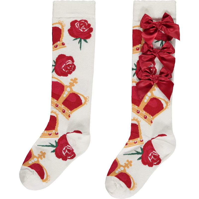 AW23 ADee CORA Red White & Gold Crown Print Bow Knee High Socks