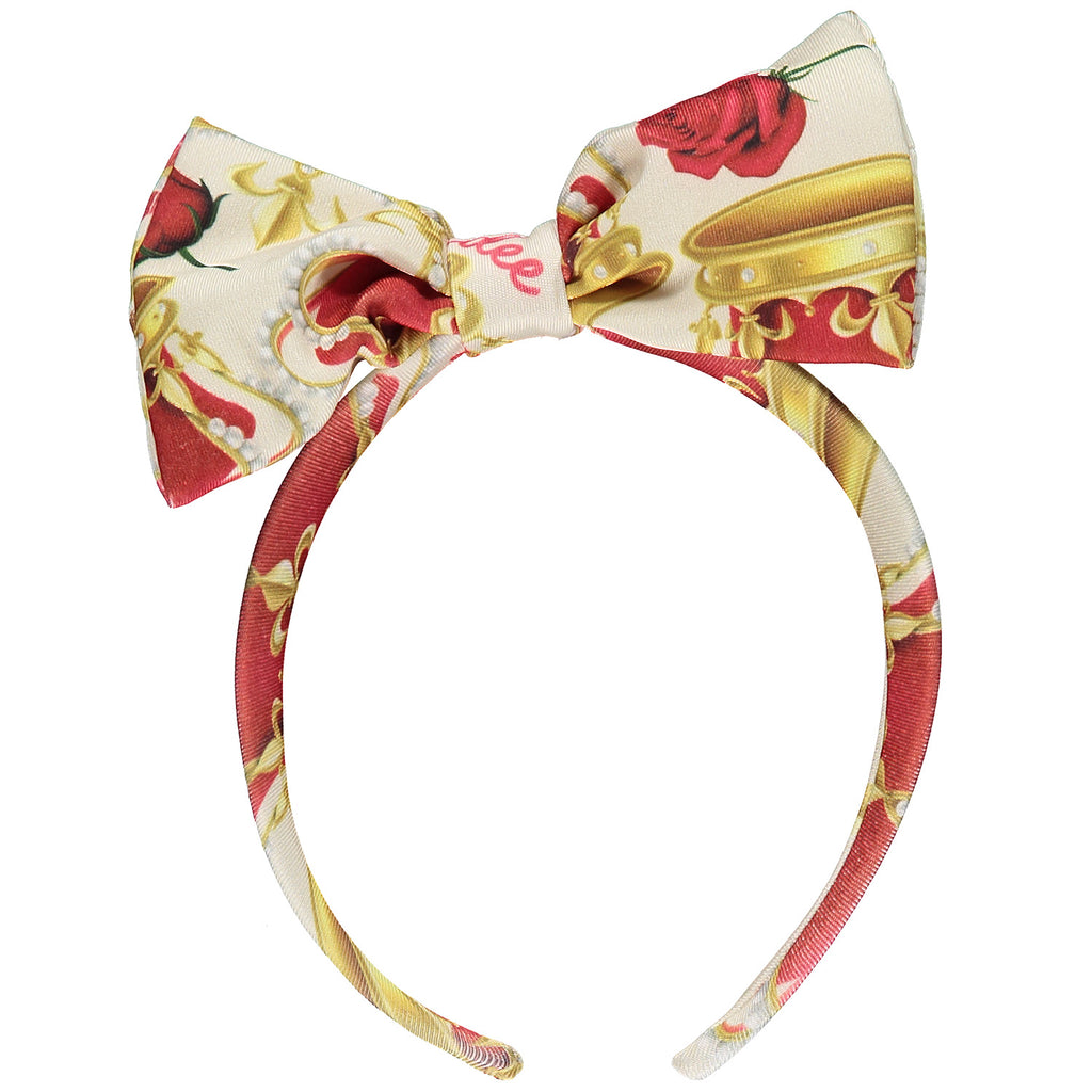 AW23 ADee CASSIDY Red White & Gold Crown Print Bow Headband