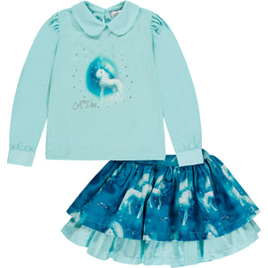 AW23 ADee DESTINY Aqua Blue Unicorn Print Frill Skirt Set