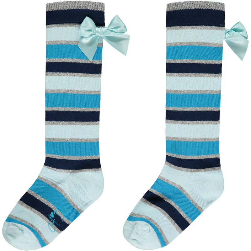 AW23 ADee DARWIN Aqua Blue Striped Bow Knee High Socks
