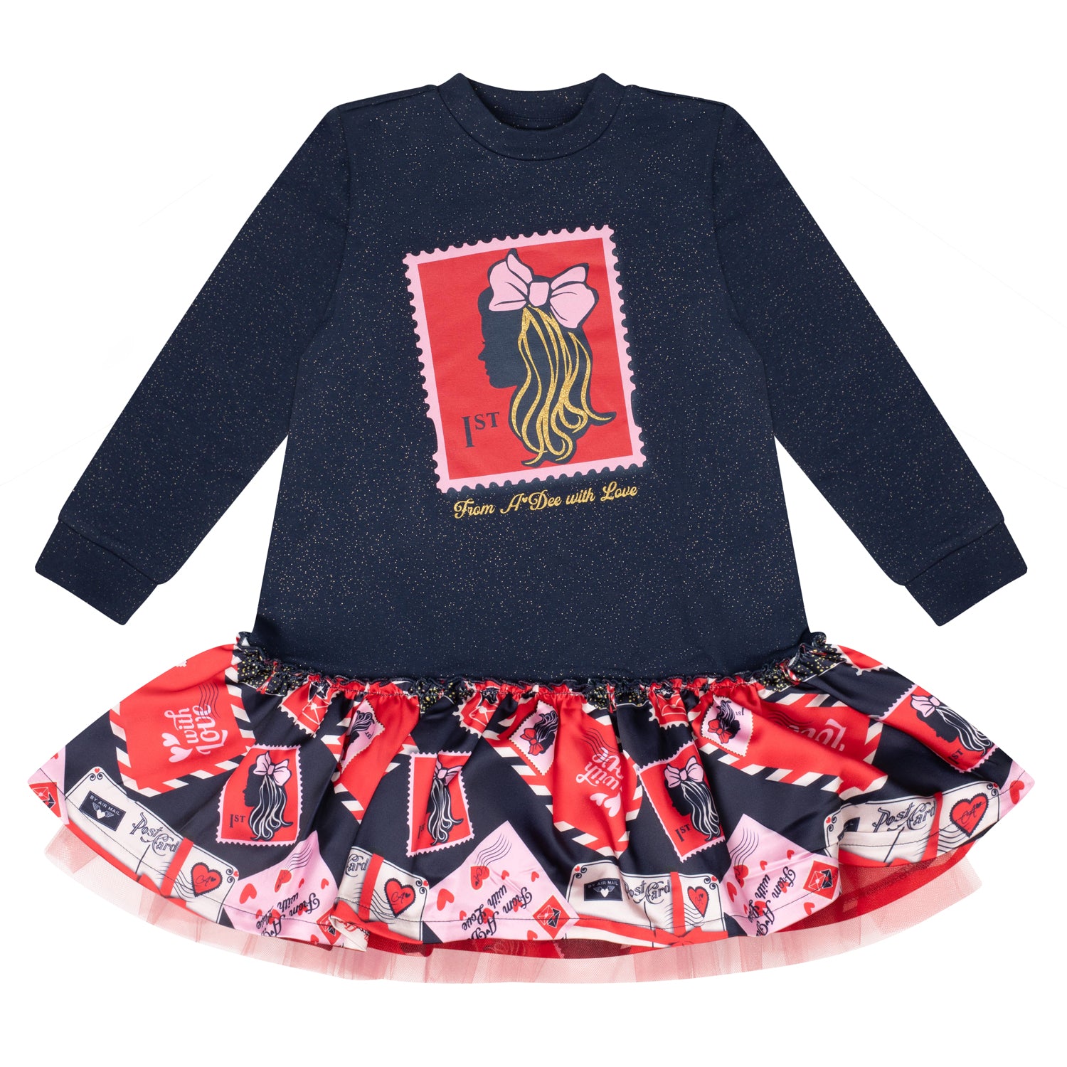 ADee RUTH Navy Blue Red & Pink Envelopes Stamp Dress