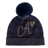 ADee RANI Navy Blue Knitted Pom Pom Hat