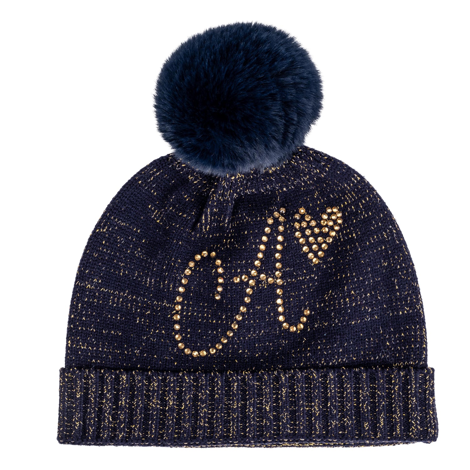 ADee RANI Navy Blue Knitted Pom Pom Hat