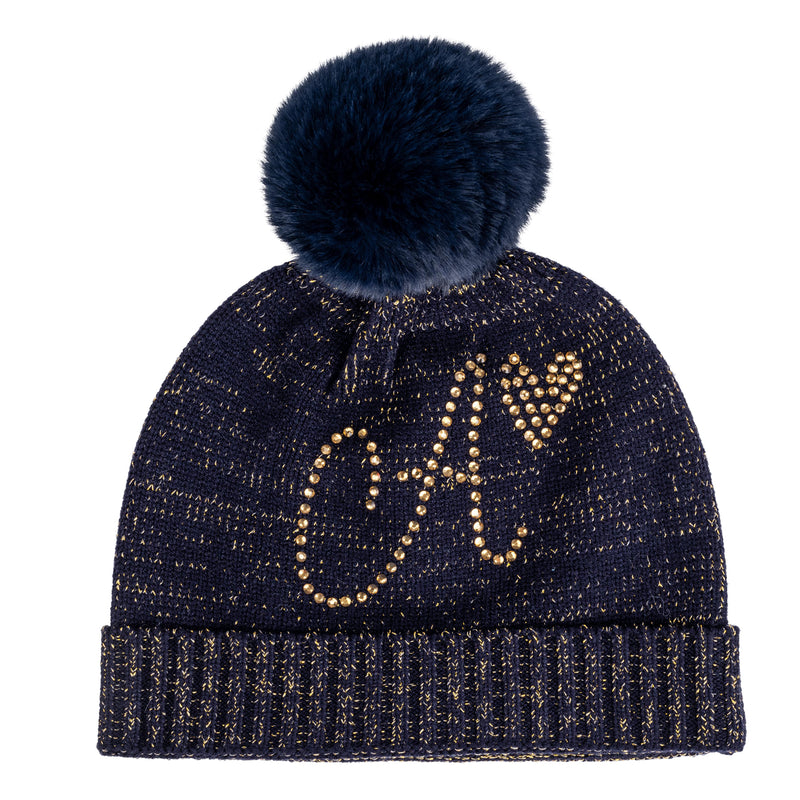 ADee RANI Navy Blue Knitted Pom Pom Hat