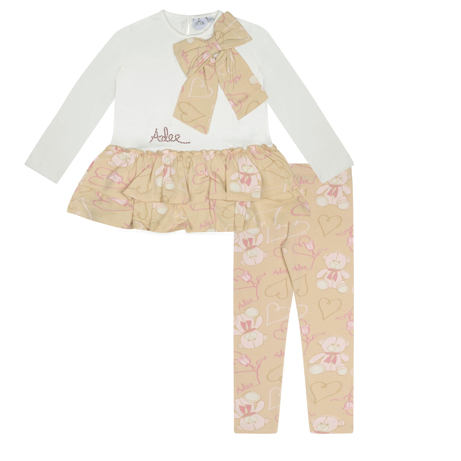 ADee SUMMER Beige Teddy Print Bow Legging Set