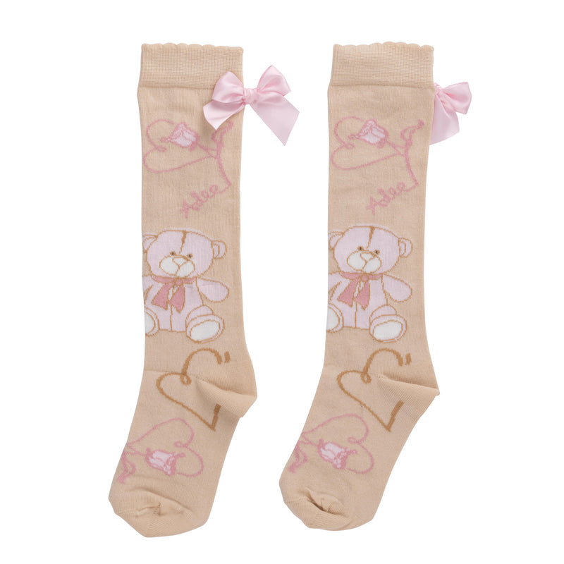 AW24 ADee SLOANE Beige Teddy Print Knee High Socks