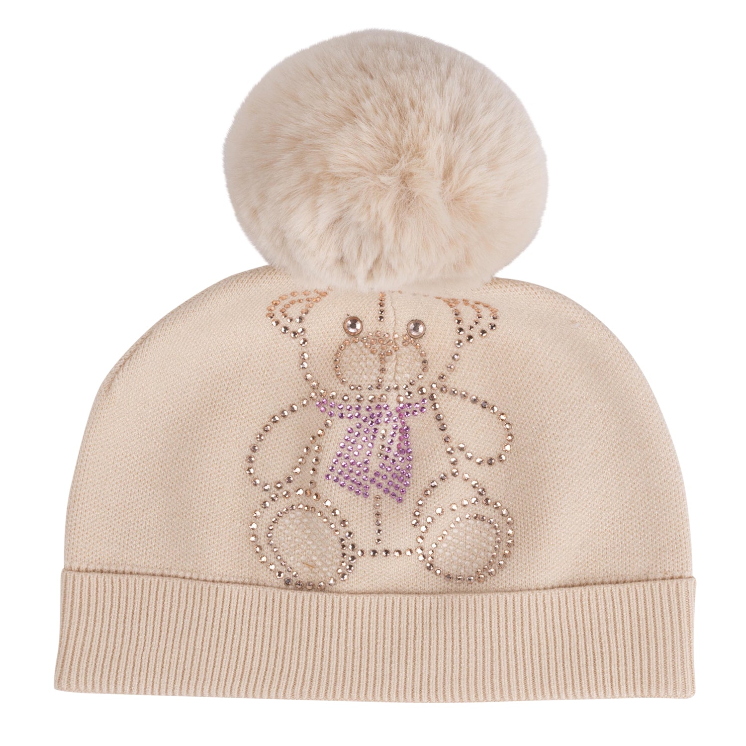 ADee SABRINA Beige Knitted Pom Pom Teddy Hat