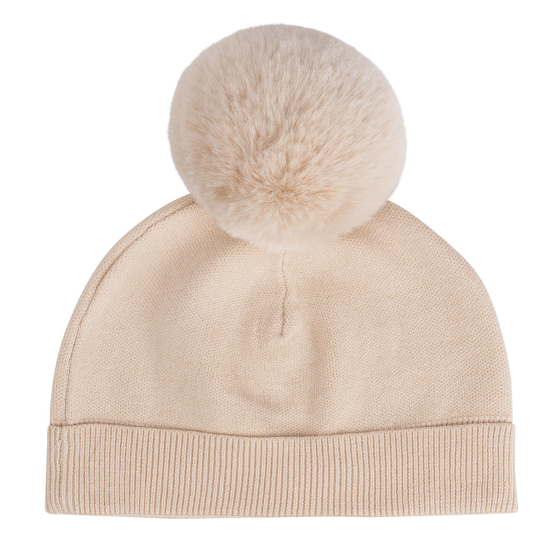 ADee SABRINA Beige Knitted Pom Pom Teddy Hat