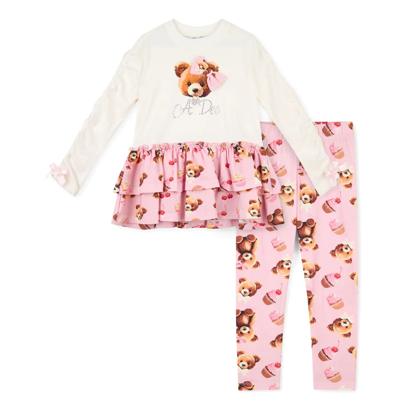 AW25 ADee MADISON White & Pink Bear Print Logo Leggings Set
