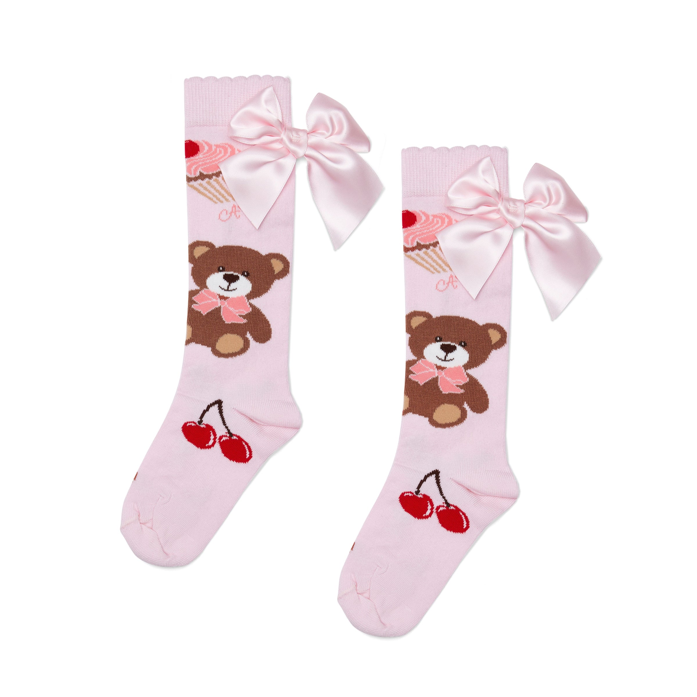 AW25 ADee LEAH Pink Bear Print Bow Knee High Socks