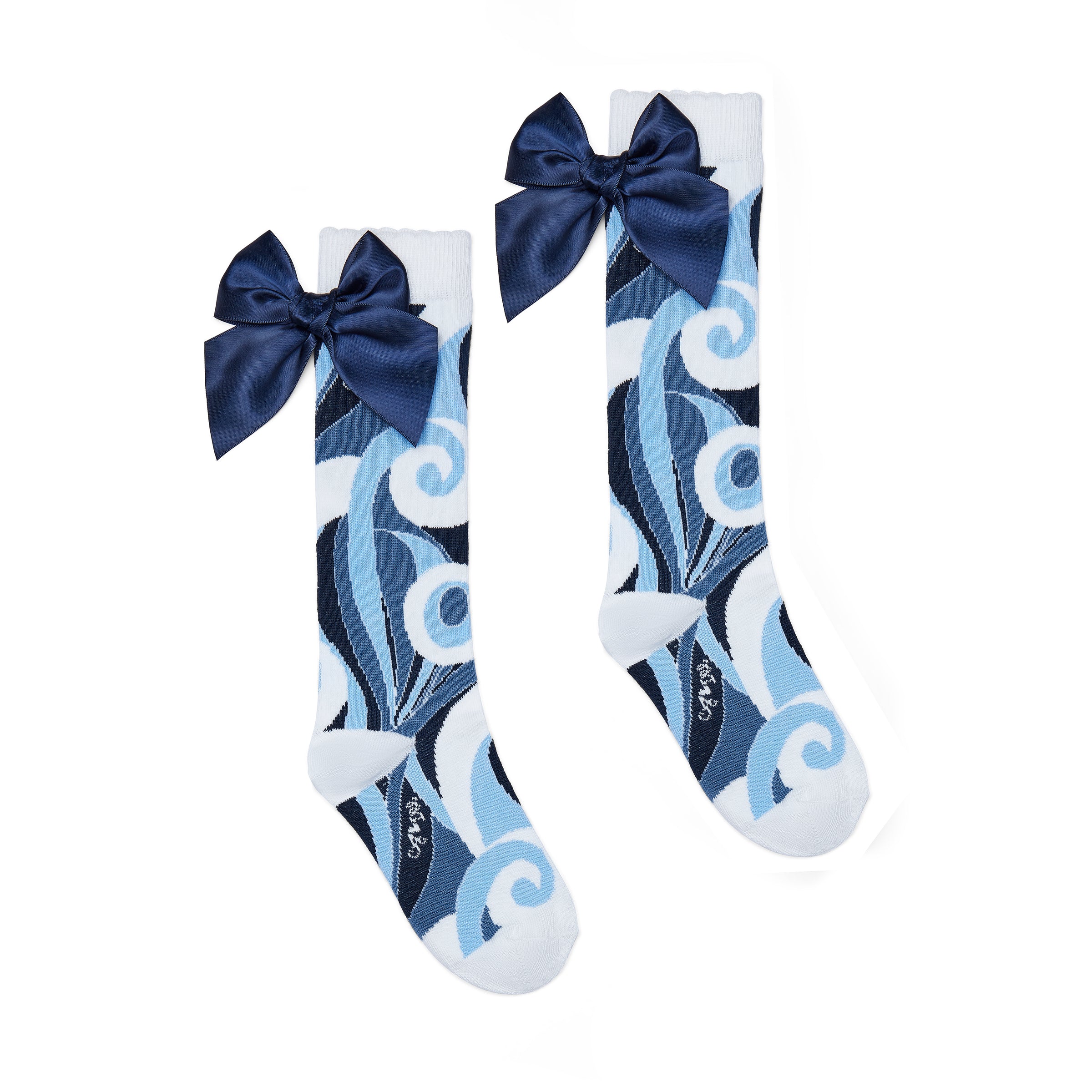AW25 ADee NIEVE Blue & White Swirl Print Bow Knee High Socks