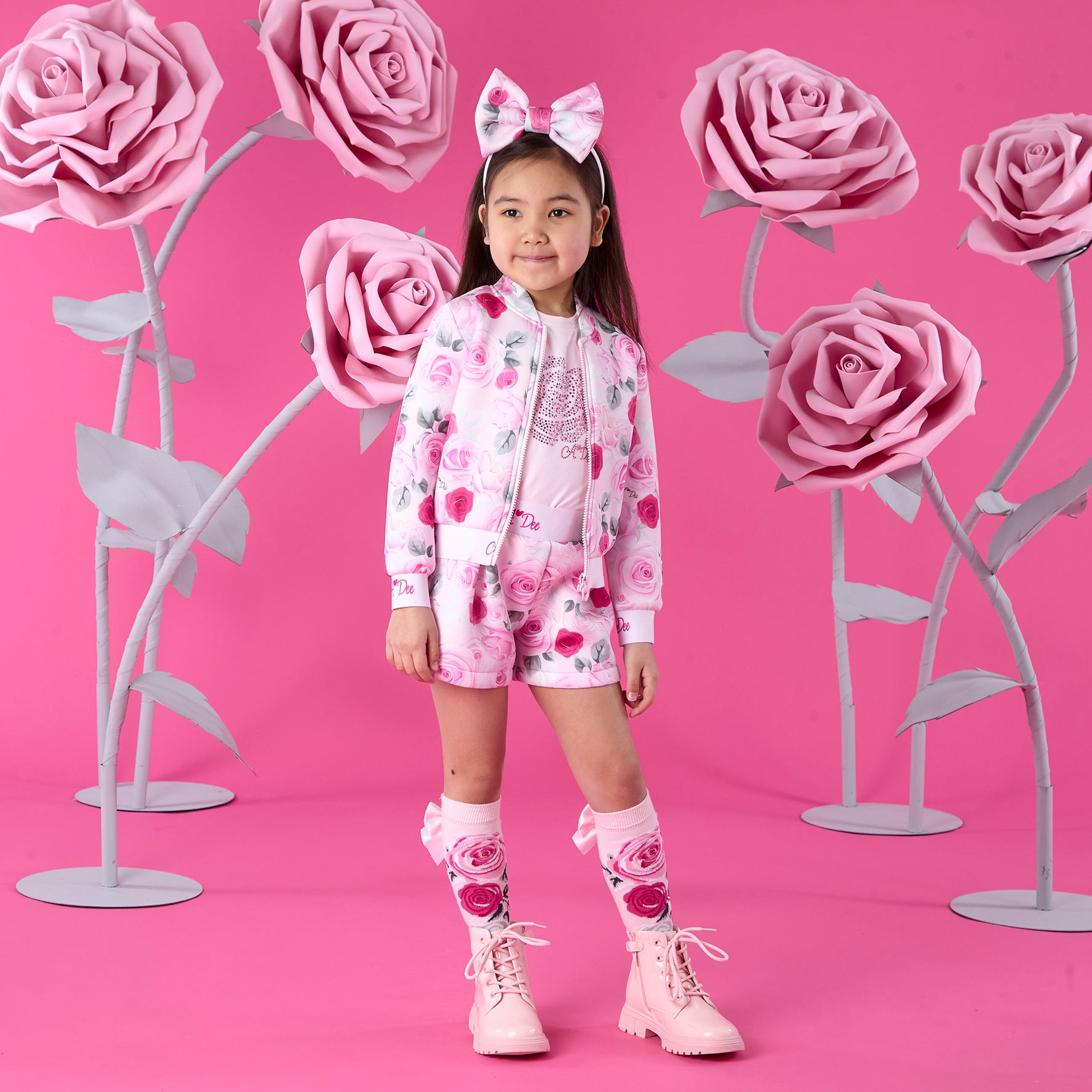 ADee Girls ALICE Pink Rose Print Bomber Jacket