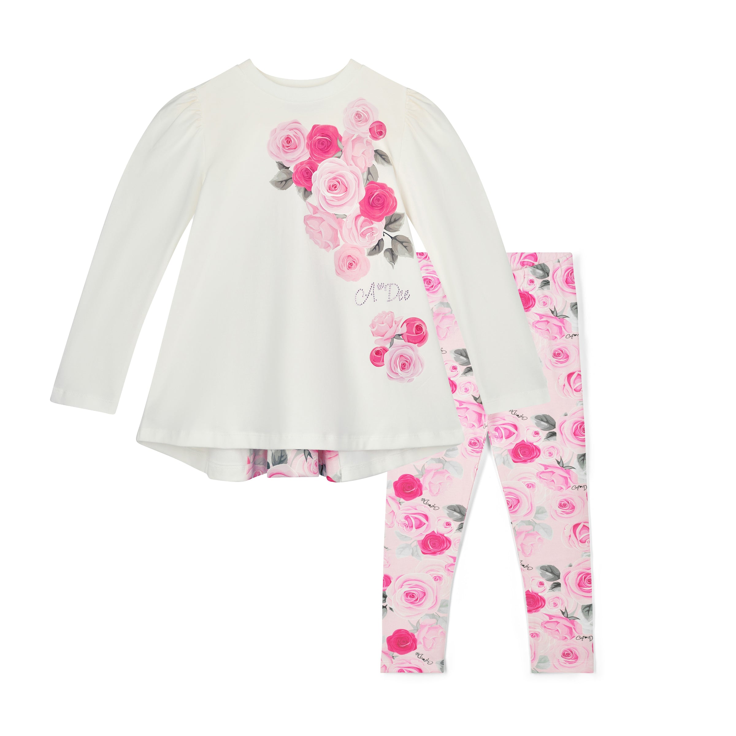 ADee Girls AYLA White Rose Print Leggings Set