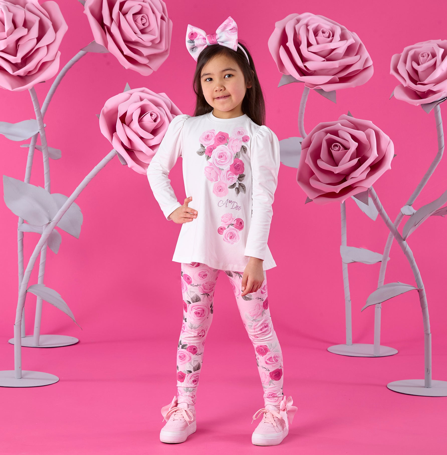ADee Girls AYLA White Rose Print Leggings Set