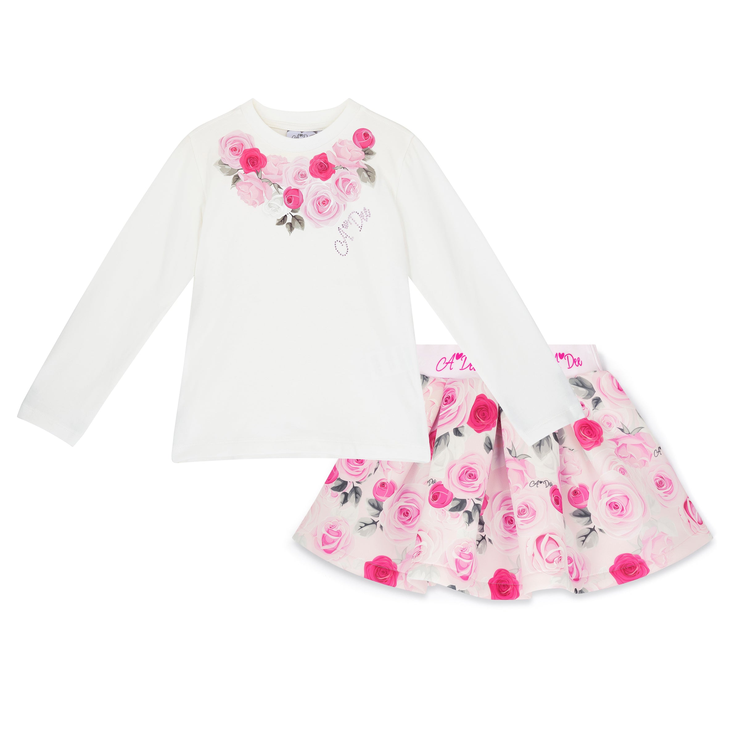 ADee Girls ARIELLA White Rose Print Skirt Set